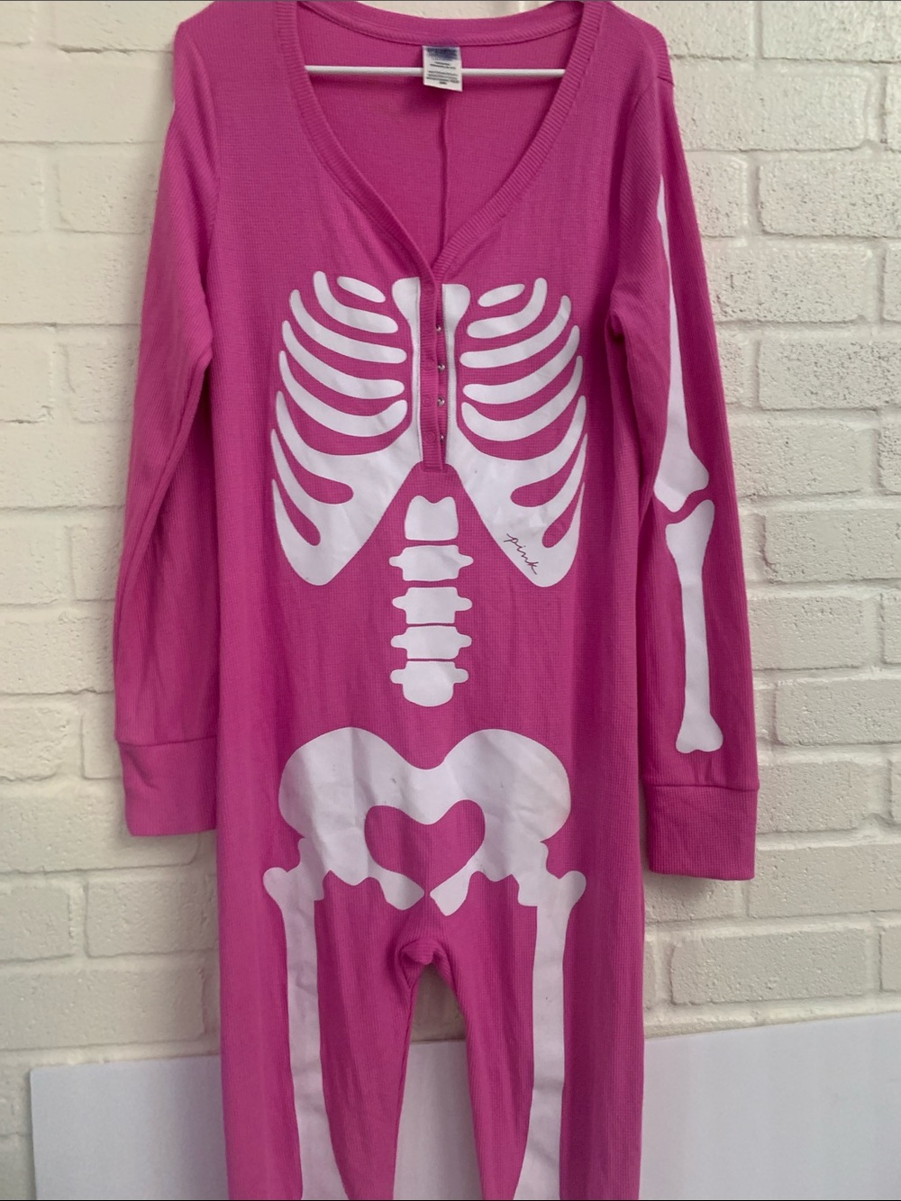 PINK Victoria's Secret Hot Pink Skeleton One-Piece Pajamas - Picture 2 of 5